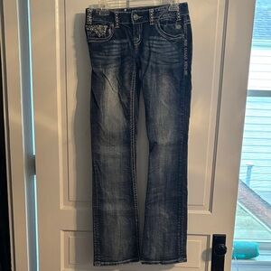 Rock & Roll Cowgirl Dark Blue Lowrise Boot Cut Jeans with Camouflage pockets